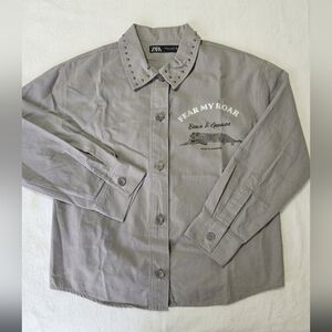 Zara Grey Studded-Collar Button-Up Shirt with 'Fear My Roar' Graphic -NWT